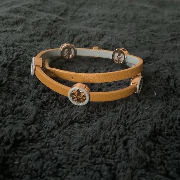 TB Double Wrap Leather Logo Bracelet Two-Tone Mustard&Light Blue W/ Gold Tone HW - Picture 6 of 11